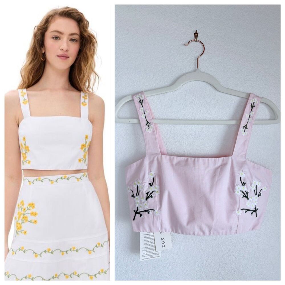 NWT Fanm Mon Derya Hand Embroidered Cropped Square Neck Top in Light Pink XS